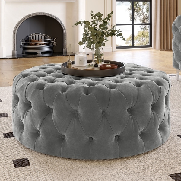 Corvus Chesterfield Round Tufted Velvet Ottoman with Casters On Sale Bed Bath Beyond 19755828