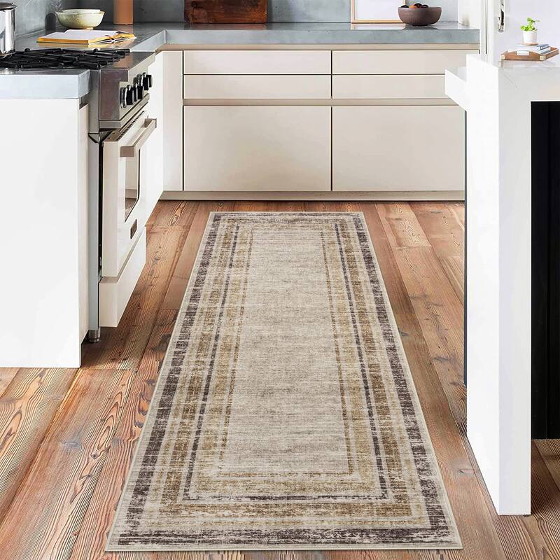 Washable Area Rugs for Living Room, Soft Modern Bordered Rug Non Slip Low Profile Carpets for Bedroom Dining Room - Brown - 2' x 6' Runner