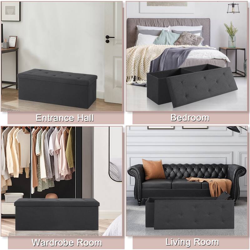 Javlergo 15" Foldable Storage Ottoman, Tufted Linen Foot Rest Stool/Seat Toy Chest