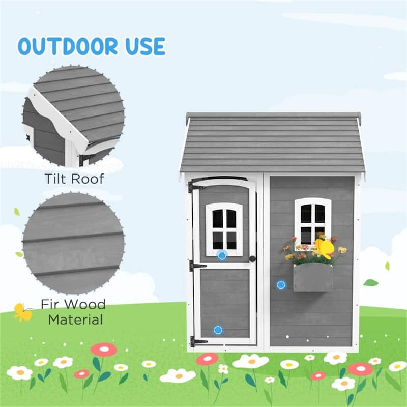 Gray Wooden Kids Outdoor Playhouse with Six Windows Plant Box and Floor for Backyard Fun Ages 3 to 8