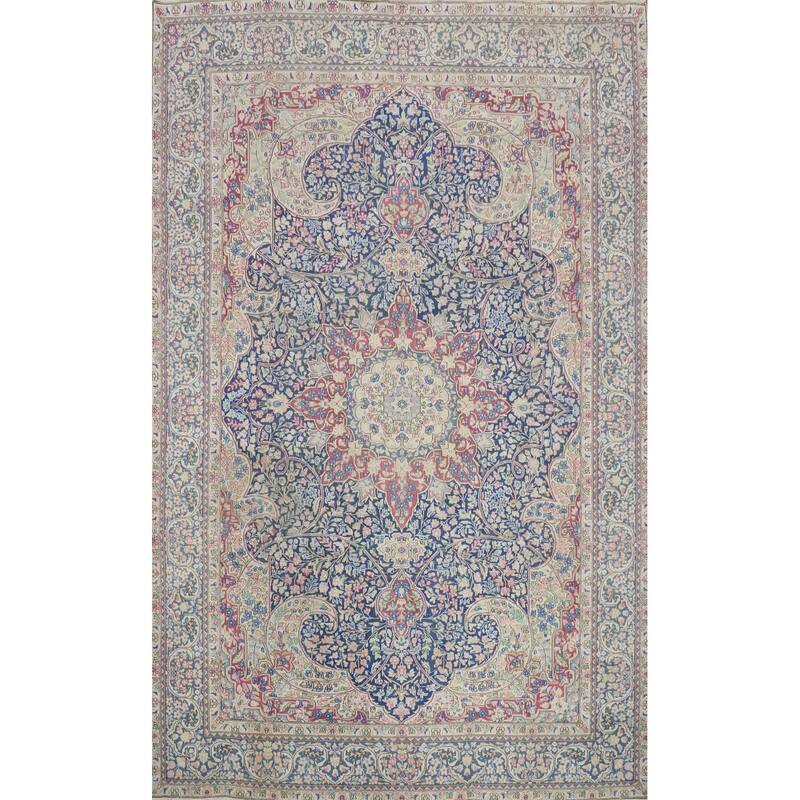Hand Knotted Oriental 100% Wool Carpet Traditional Floral Navy Blue & Blues Kerman Area Rug - 10' 9'' X 7' 11''