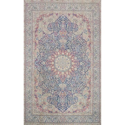 Hand Knotted Oriental 100% Wool Carpet Traditional Floral Navy Blue & Blues Kerman Area Rug - 10' 9'' X 7' 11''