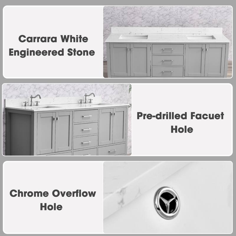 OpalithD 72 in. Bathroom Vanity with Double Sinks, Wood Bath Cabinet with Top