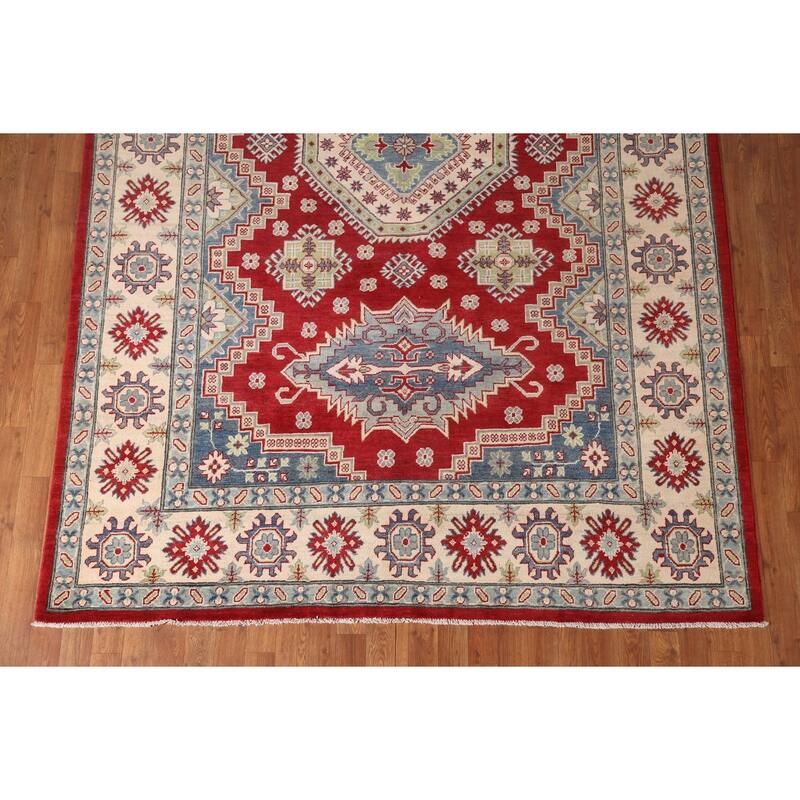 Red Kazak Area Rug Hand-Knotted Geometric Wool Carpet - 6'8" x 9'11"
