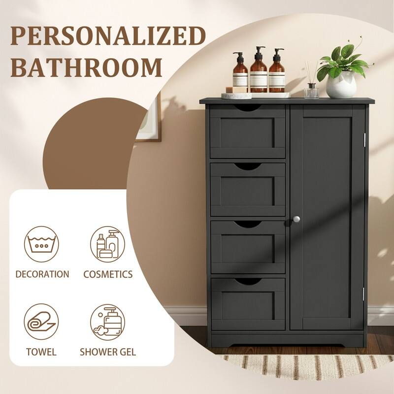 Black Bathroom Storage Cabinet with 4 Drawers and 1 Door