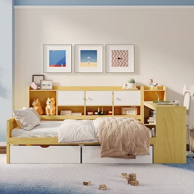 Full Size L-Shape Daybed with 9 Storage Units & Adjustable Desk (400lb Capacity)