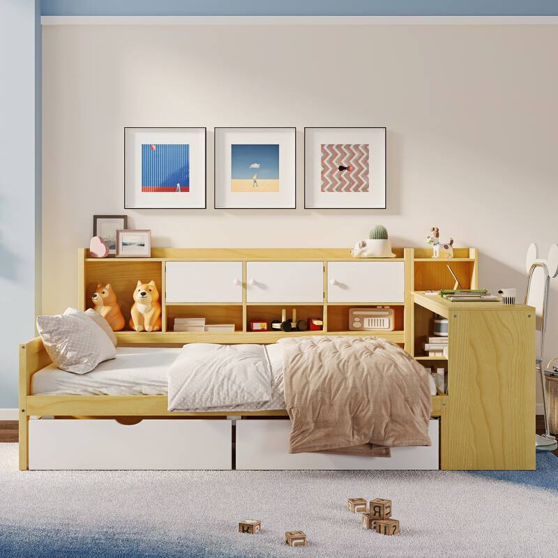 L-Shape Daybed with Storage Cabinets, Drawers, Study Desk, and Built-in Bookshelf, Natural+White - Natural+White