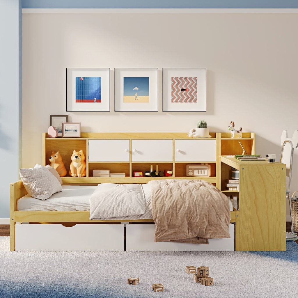 L-Shape Daybed with Storage Cabinets, Drawers, Study Desk, and Built-in Bookshelf, Natural+White