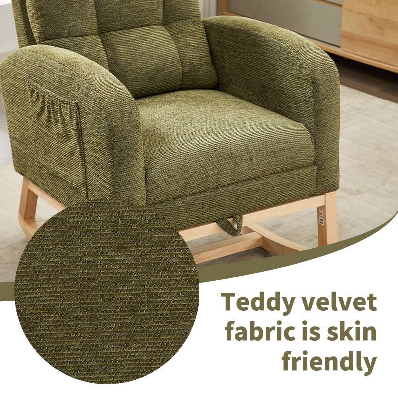 Teddy Upholstered Nursery Glider Rocking Chair with Side Pocket and Adjustable Footrest - Olive Green