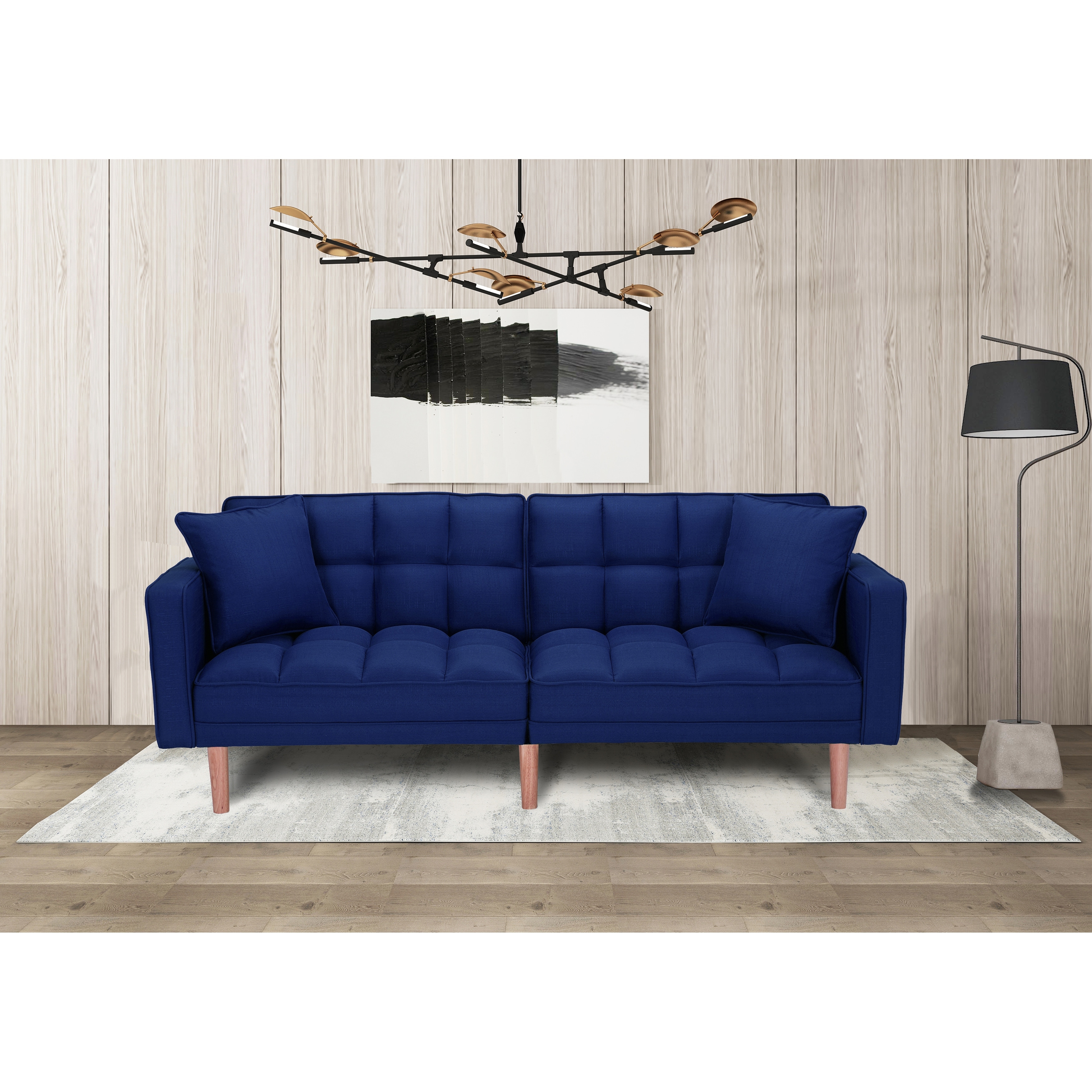 Magic Home Futon Sleeper Sofa With 2 Pillows Navy Blue Fabric