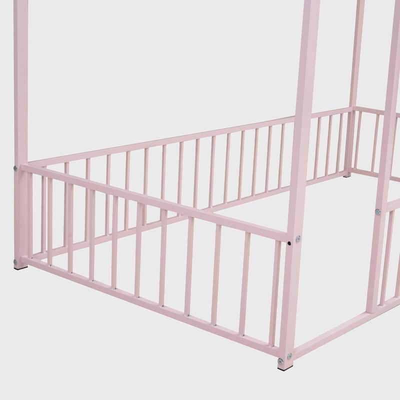 Twin Size Metal Bed House Bed Frame with Fence