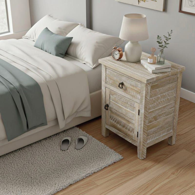 Montana Acacia Wood Bedside Cabinet Rustic Farmhouse End Table Storage