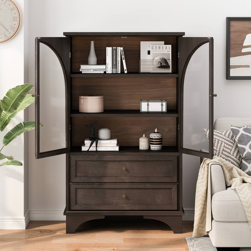 GDFStudio Calystrian Glass Door Curio Storage Cabinet with Adjustable Shelves