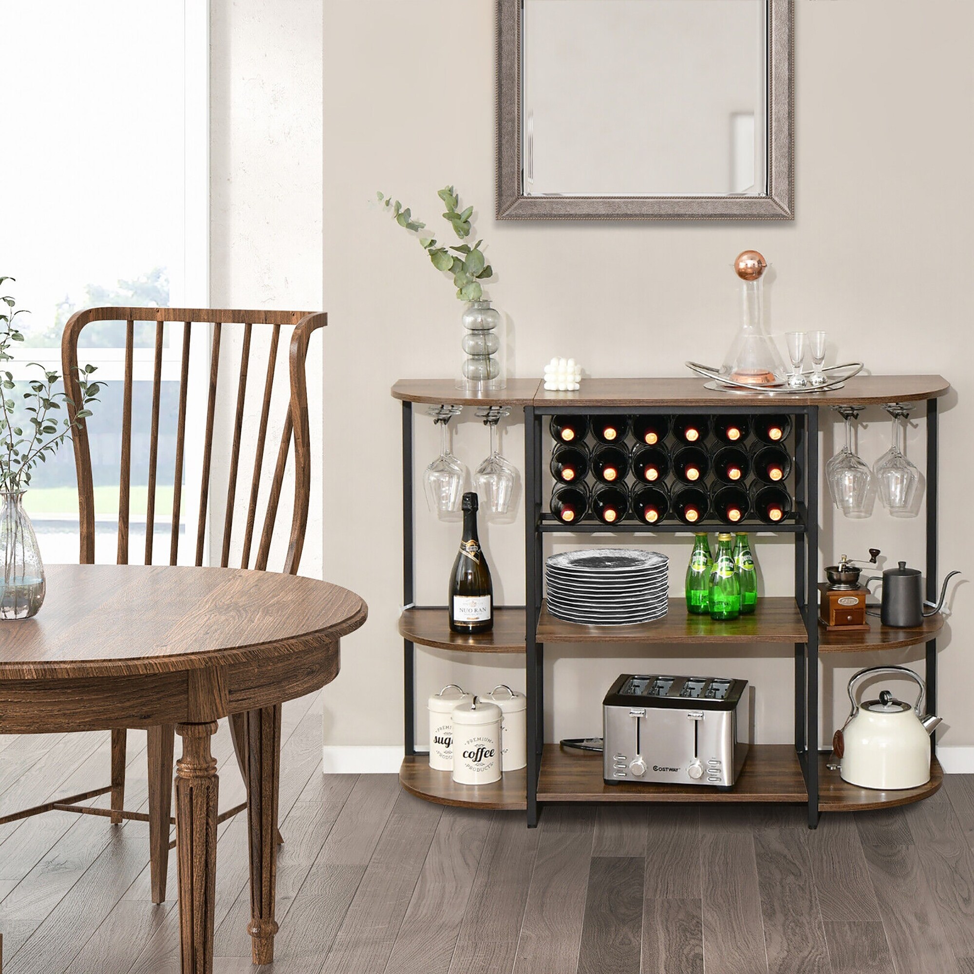 Wine Bar Cabinet With Storage, Freestanding Wine Rack And Glass Holder, Farmhouse Coffee Bar & Buffet Table, Stackable Wood And Metal Bakers Rack For Kitchen, Dining Room, Living Room (Rustic Brown