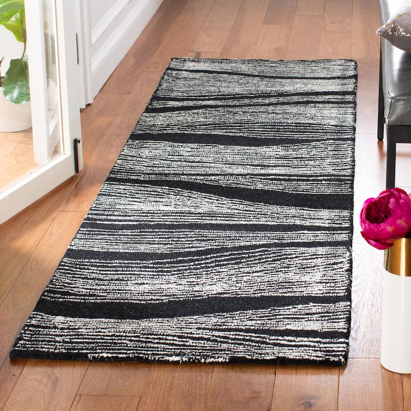 SAFAVIEH Handmade Metro Annarosa Modern Abstract Wool Rug - 2'3" x 8' Runner - Black/Ivory - Runner