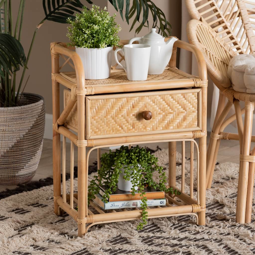 Kobie Modern Bohemian Natural Brown Rattan 1-Drawer Nightstand