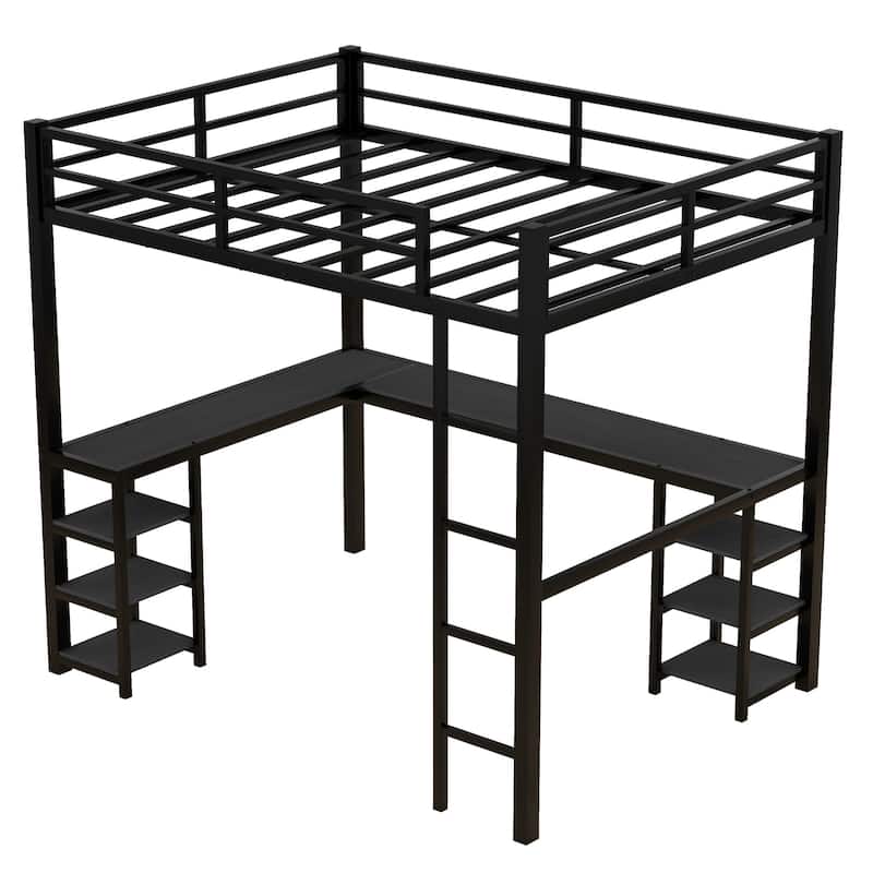 Full Size Metal Loft Bed with L-Shaped Workstation, Built-In Shelves and Guardrails
