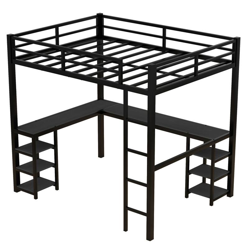 Roomfitters Metal Twin/Full Loft Bed with Desk & Shelves, Space-Saving Study Bed Frame with Ladder & Guardrails, Black