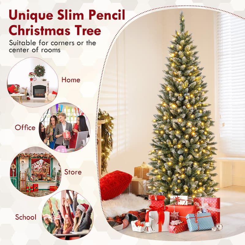 Gymax 6 FT Pre-Lit Artificial Christmas Tree Hinged Slim Pencil Xmas