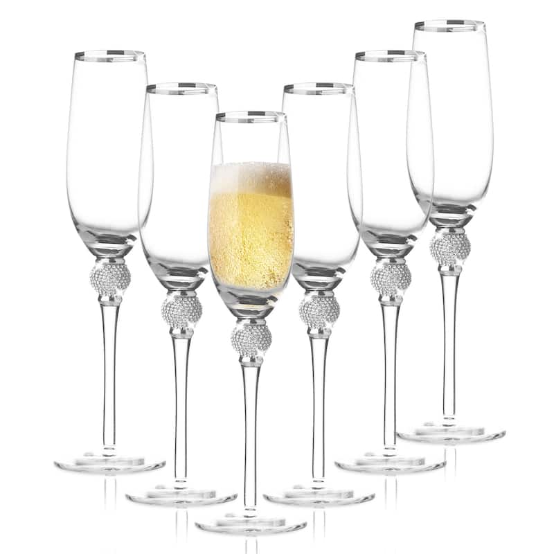Berkware Crystal Champagne Glass with Gold or Silver Rim - 11" x 3" - Set of 6 - Silver