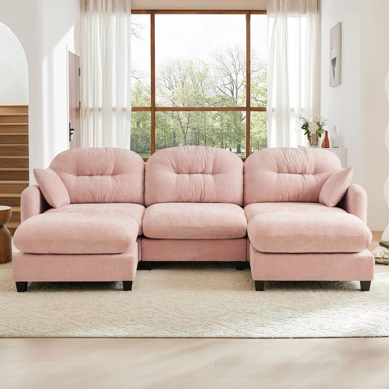 GDF Studio - Nina Modular Modern Chenille U-Shaped Sectional Sofa with Ottoman and 2 Soft Throw Pillows