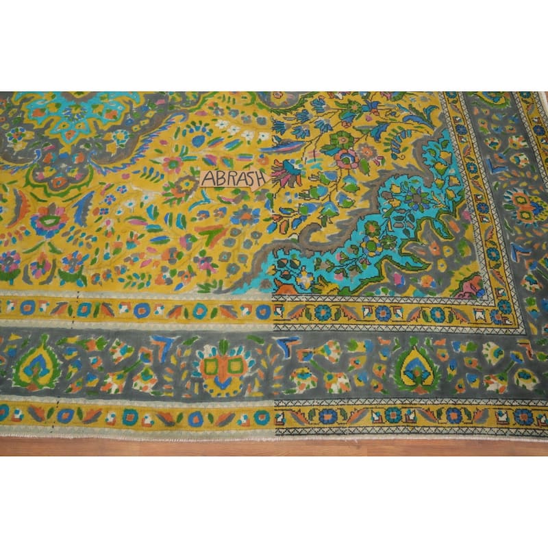 Hand Knotted Oriental 100% Wool Carpet Traditional Floral Yellow & Gold Tabriz Area Rug - 11' 0'' X 8' 2''