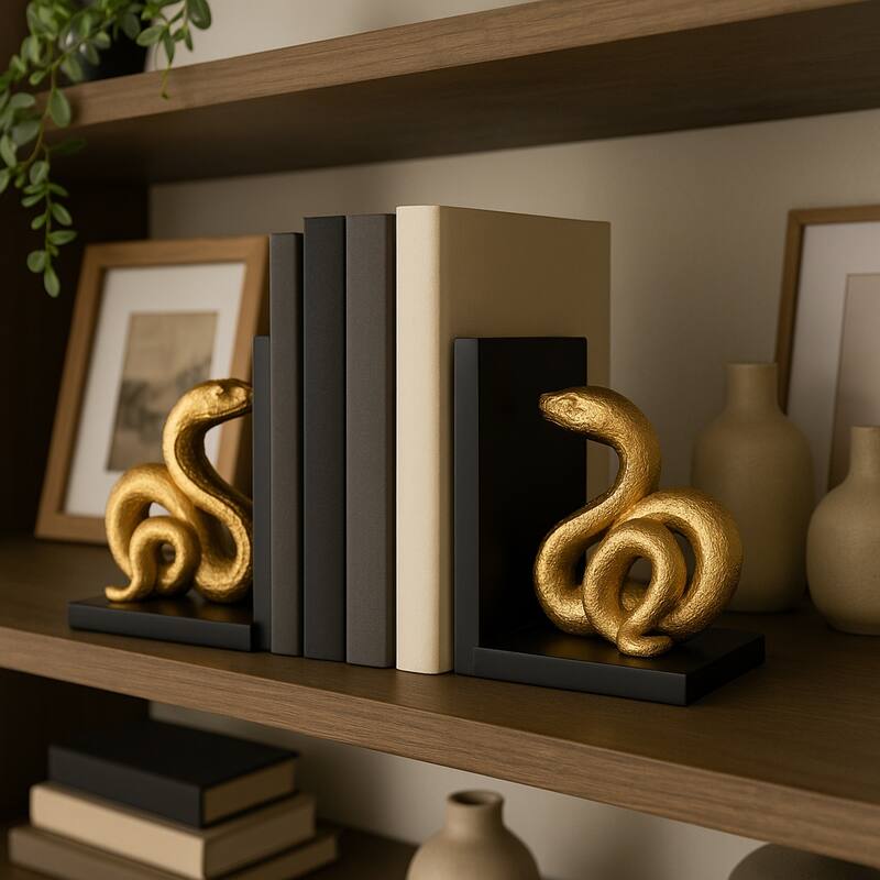 Modern Resin Snake Bookends on L-Shape Base - 6", Black & Gold - 5.75"