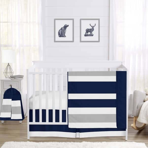 slide 2 of 6, Sweet Jojo Designs Navy Blue and Grey Striped Microfiber Collection 4-piece Bumperless Crib Bedding Set