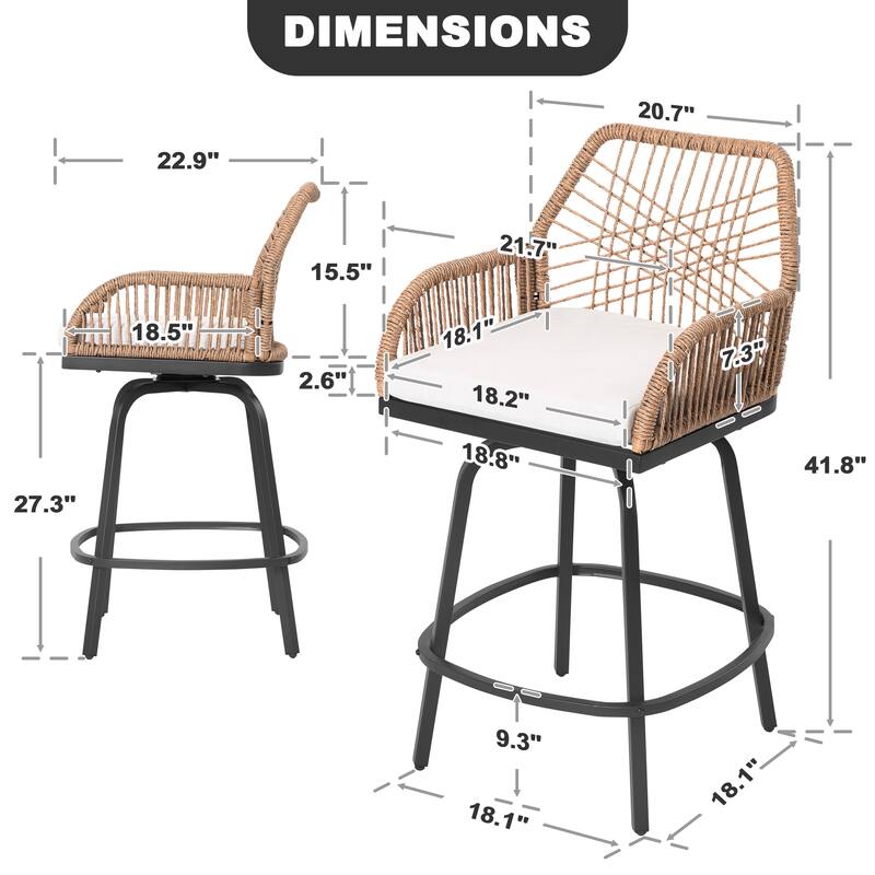 2-Piece Twisted Rattan Patio Bar Stools Set with Cushions, Swivel Design