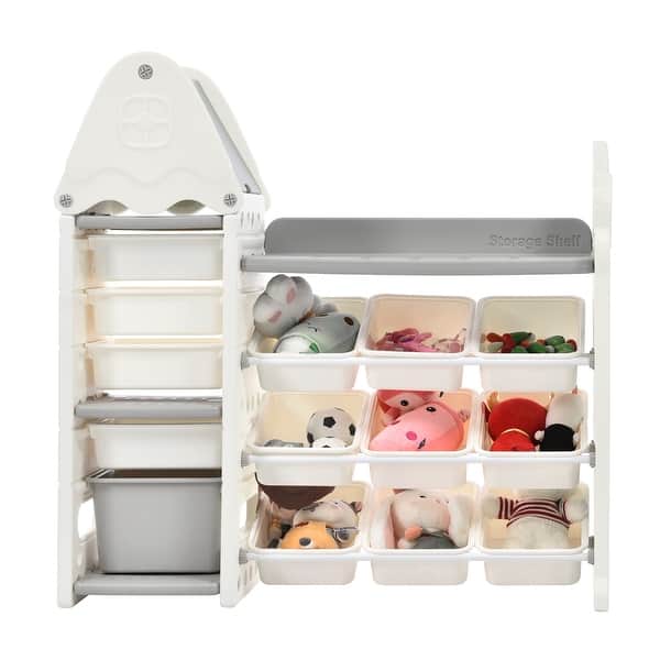 slide 2 of 10, Kids Toy Storage Organizer with 14 Bins, Multi-functional Nursery Organizer Kids Furniture Set Toy Storage Cabinet Unit Gray