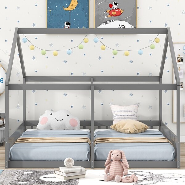 Gray Montessori Bed for 2 Kids Double Bed Frame 2 in 1 Wood Twin Size House Platform Beds with Fence Two Shared Beds with Roof