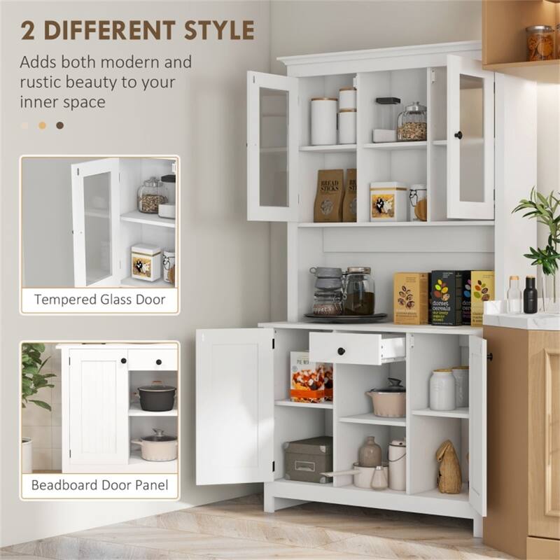 Matte White Buffet Cabinet with Glass Doors and Adjustable Open Shelves for Kitchen or Living Room