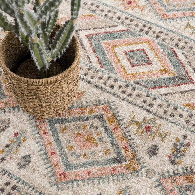 Hauteloom Moneymore Living Room, Bedroom Area Rug - Dusty Pink, Sky Blue, Off White - 2' x 2'11"