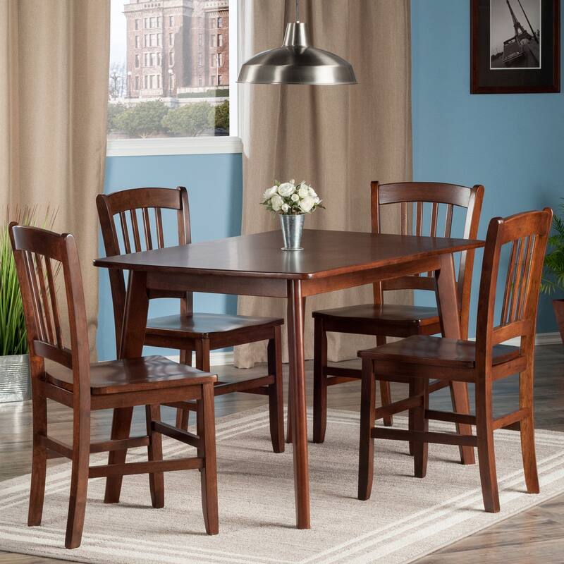 Set of 5 Shaye Walnut Rectangular Dining Table Slat Back Chairs 47"
