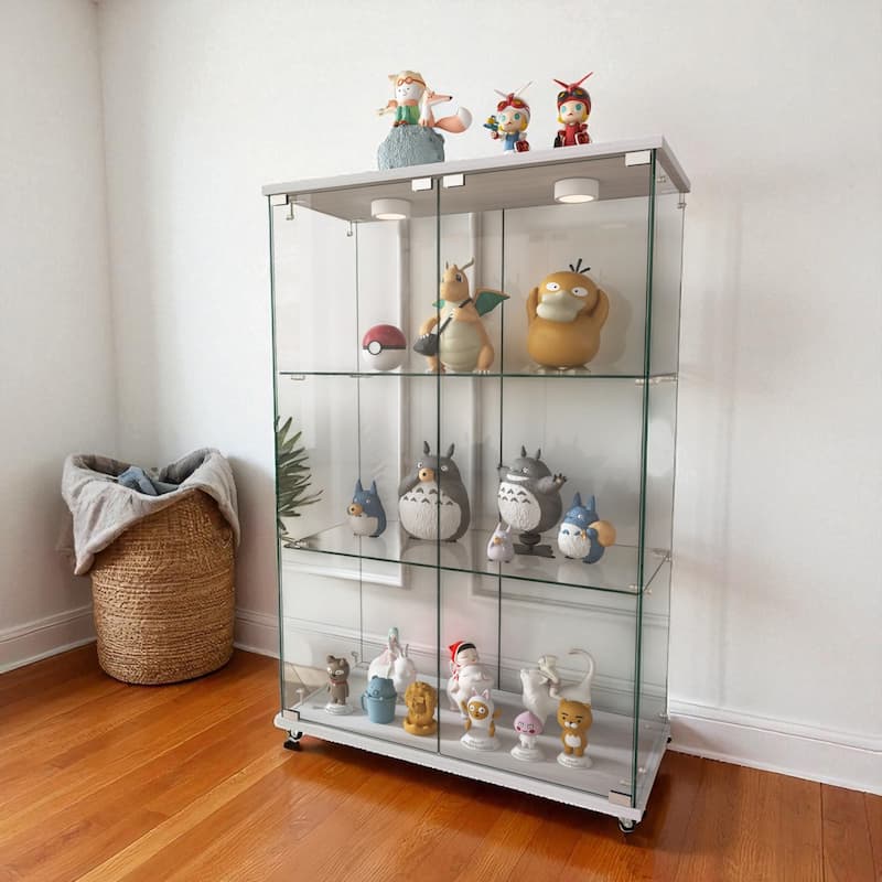 Modern 2-Door Glass Display Cabinet with LED Lights, 3-Shelf Tempered Glass Showcase for Collectibles and Storage