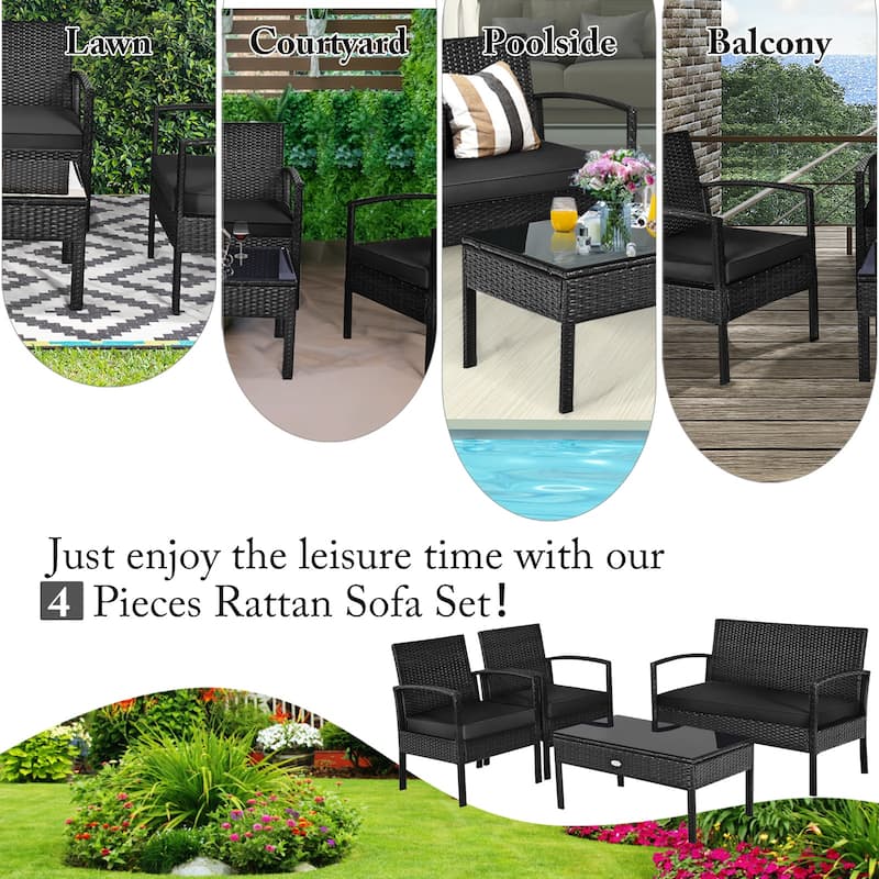 Gymax Set Of 4 Outdoor Patio Rattan Furniture Set Cushioned Sofa