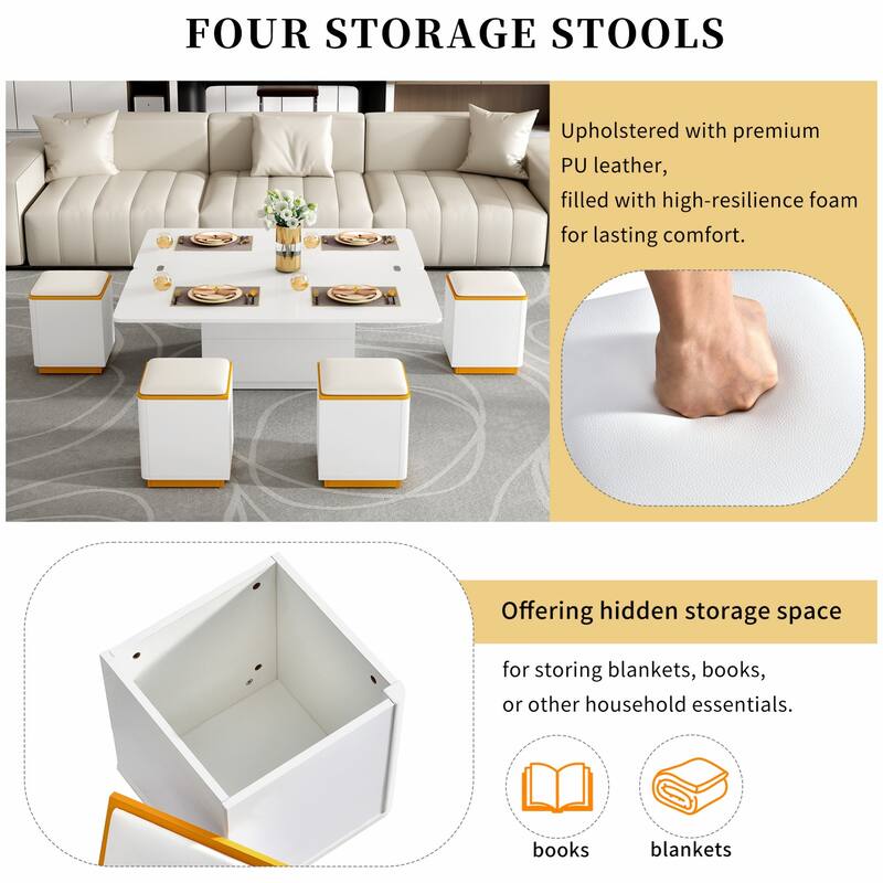 Multi-Functional Lift-Top Coffee Table with 4 Storage Stools,with Foldable Top,for Living Room