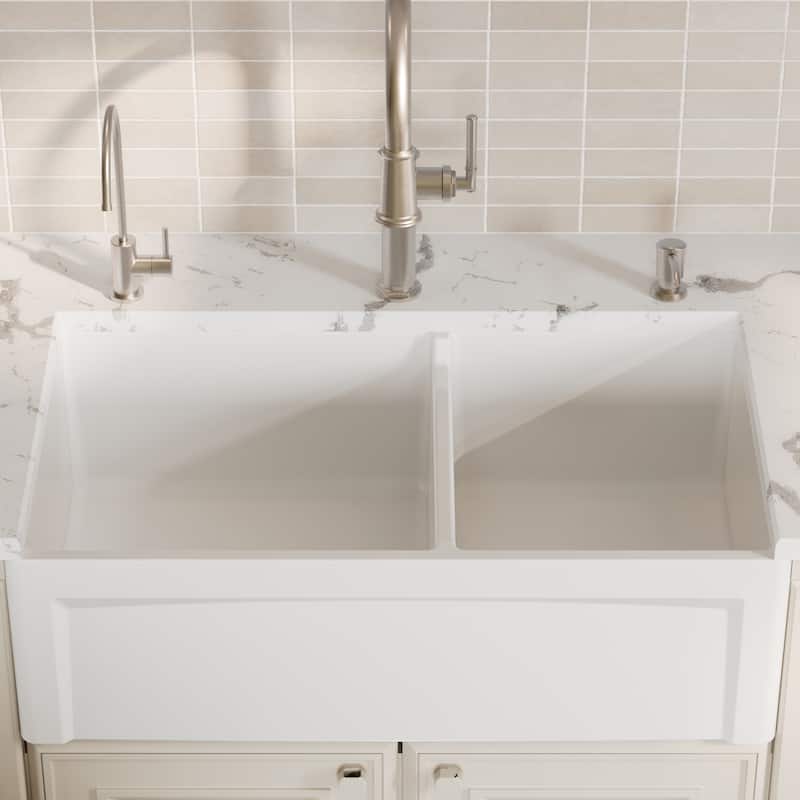 Karran 33" Double Bowl Panel Front Farmhouse Fireclay Kitchen Sink with Reversible Apron Front