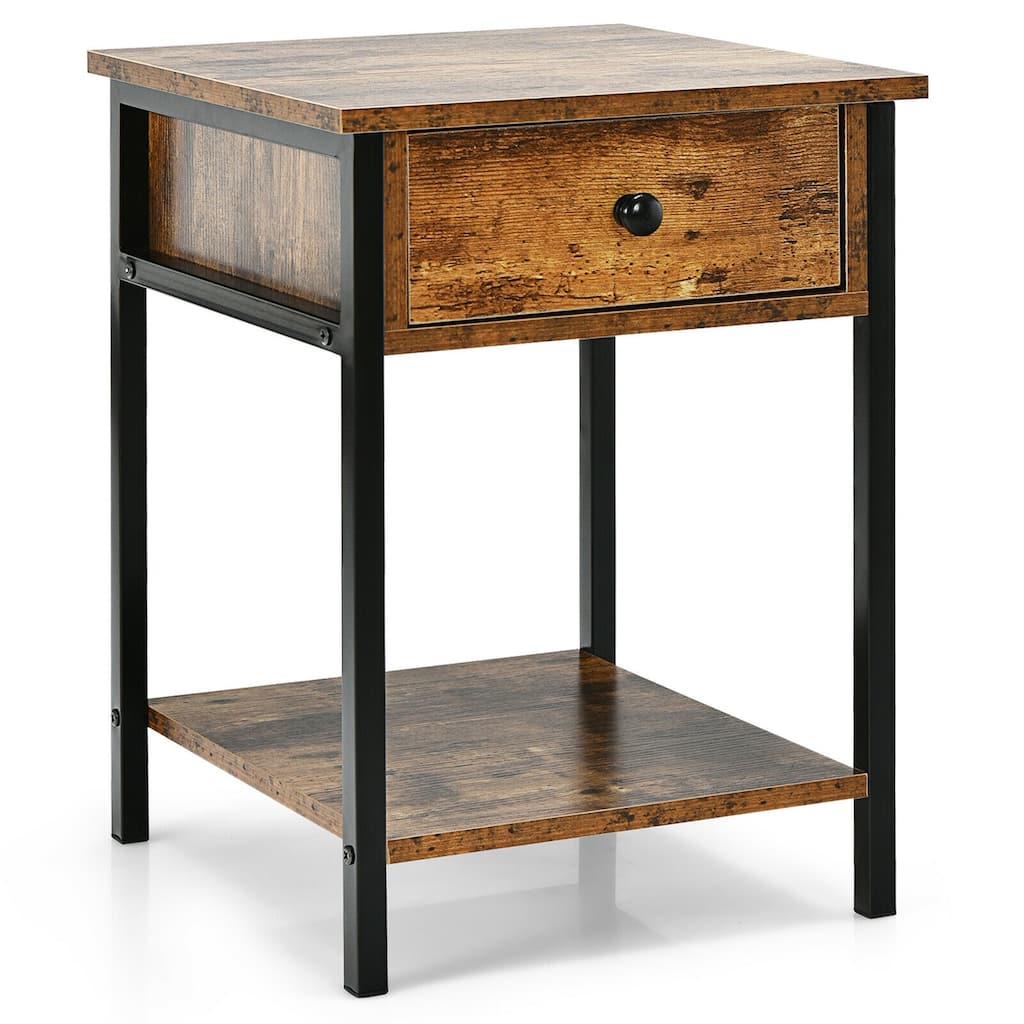 Gymax Industrial End Side Table Nightstand with Drawer Shelf Rustic - 16'' x 16'' x 22''