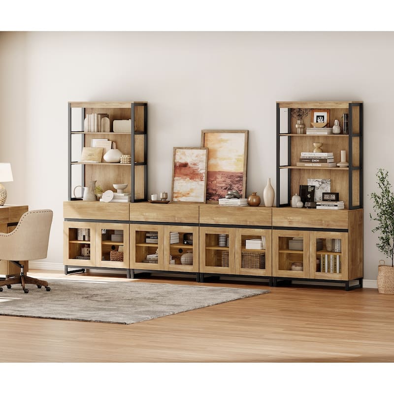 Modern 72" Tall Bookcase with 4 Drawers and Open Book Shelfs,Wood Freestanding Bookshelves for Living room,