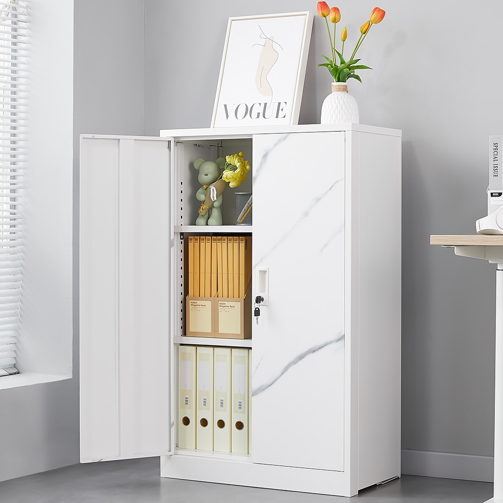 Metal Storage Cabinet with Locking Doors and Adjustable Shelf - White