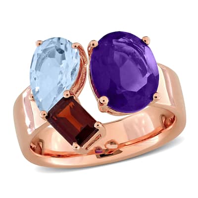Miadora 4 3/4ct TGW African Amethyst Sky Blue Topaz Garnet 3-Stone Ring in Rose Plated Sterling Silver