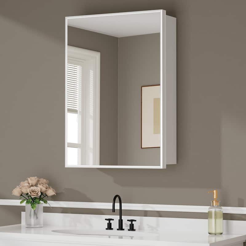 Elise Iron Medicine Cabinet with Mirror, Adjustable Shelves, Recessed or Wall Mount - 20 in. W x 28 in. H - White