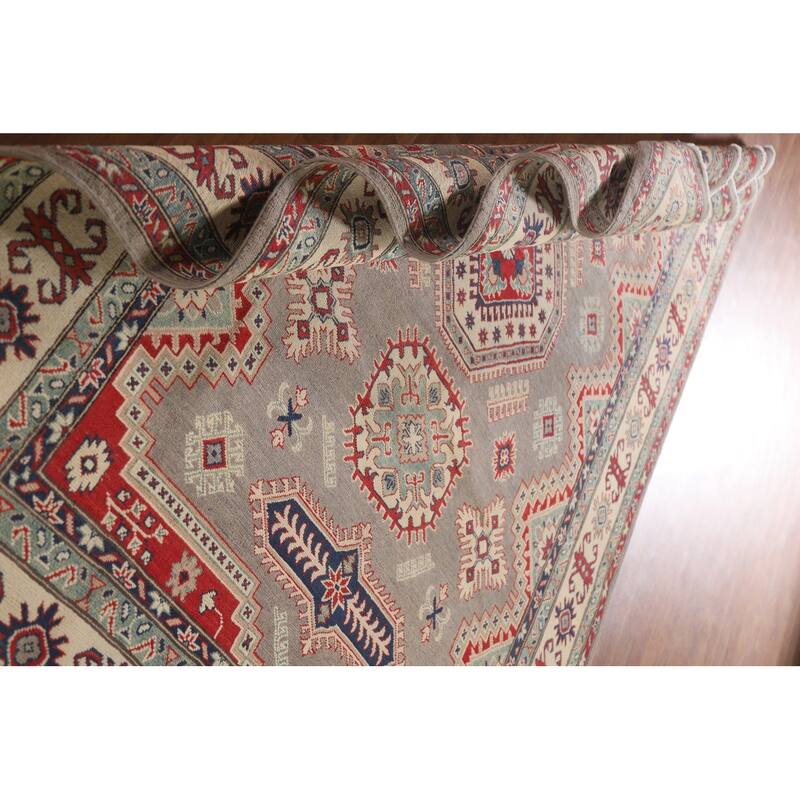 Hand Knotted Oriental 100% Wool Carpet Traditional Geometric Brown Kazak Area Rug - 9' 5'' X 6' 7''