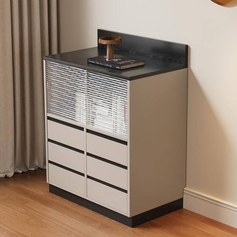 Modern 6-Drawer Storage Cabinet with Wavy Design and Black Wood-Grain Desktop