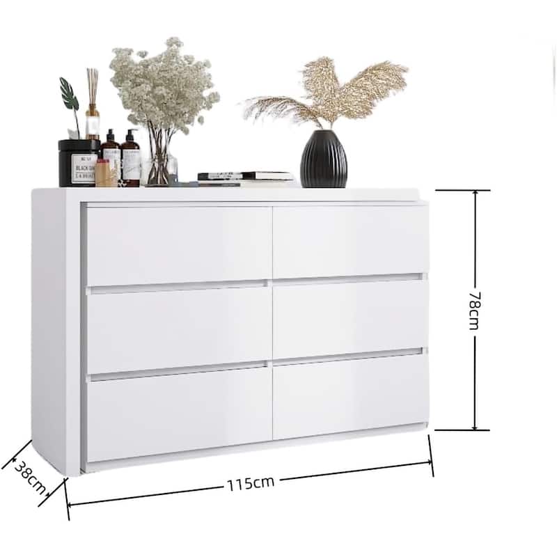 6 Drawer Double Dresser, White Dresser with Extended Desktop,6 Chest of Drawer Without Handle White Color Vanity