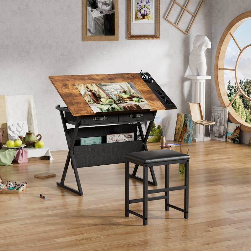 Javlergo Drafting Table Drawing Table Artist Desk Tilting Tabletop Art Craft Desk 2 Storage Drawers and Stool for Home Office
