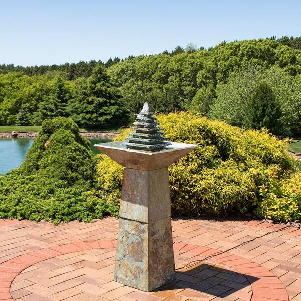 slide 1 of 7, Layered Slate Pyramid Outdoor Water Fountain 40" Lawn Feature w/ LED