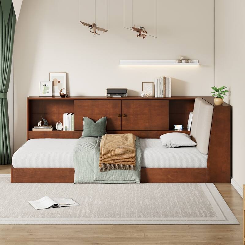 Wooden Twin Size L-shaped Daybed with Storage Bookcase