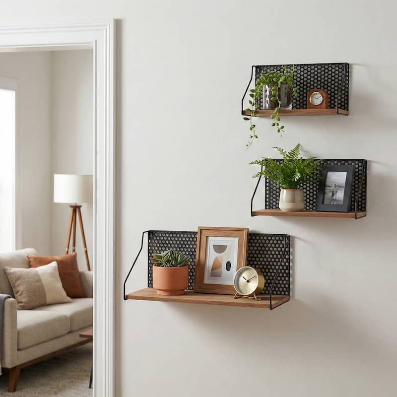 Metal Wood Rectangular Wall Shelf Set - Brown, 16/20/24" - 24.0"